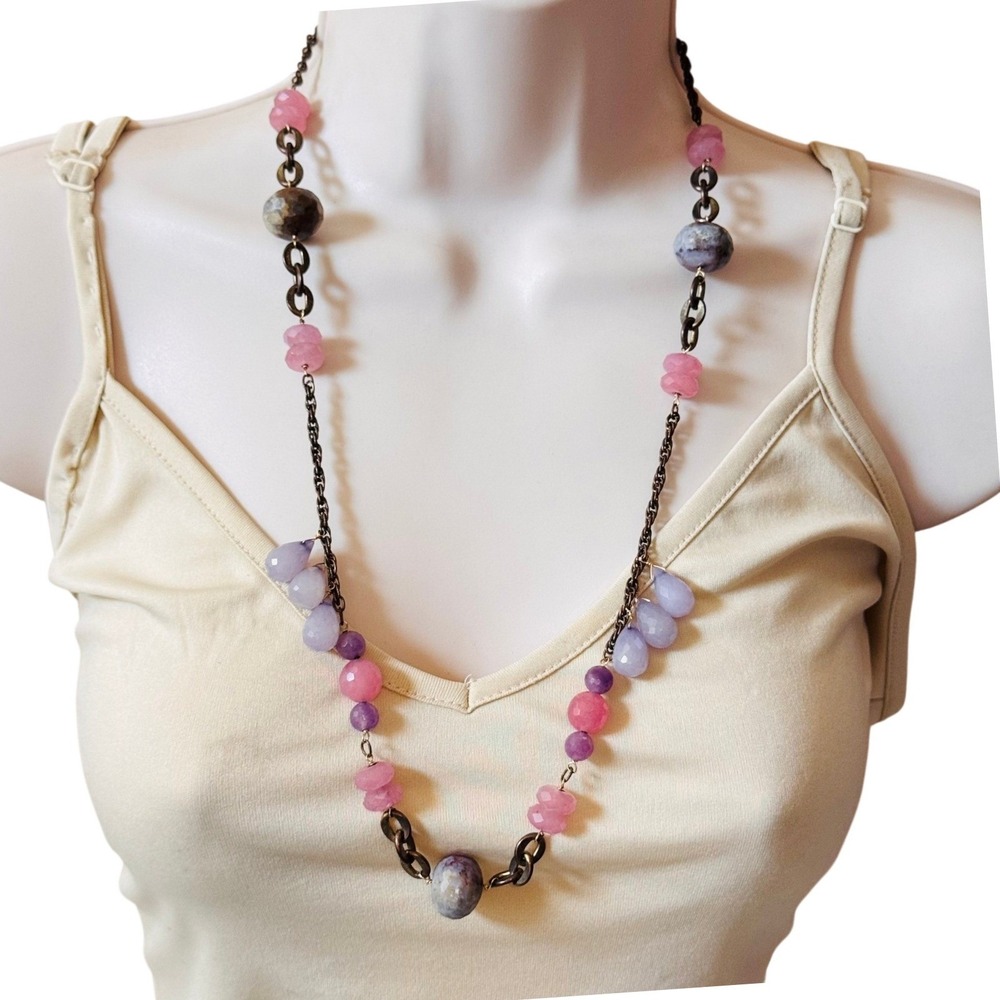 VTG Y2K Pastel Stone Glass Necklace BOHO Artisan Mod Copper Chain Rare OOAK 26" - Picture 4 of 5